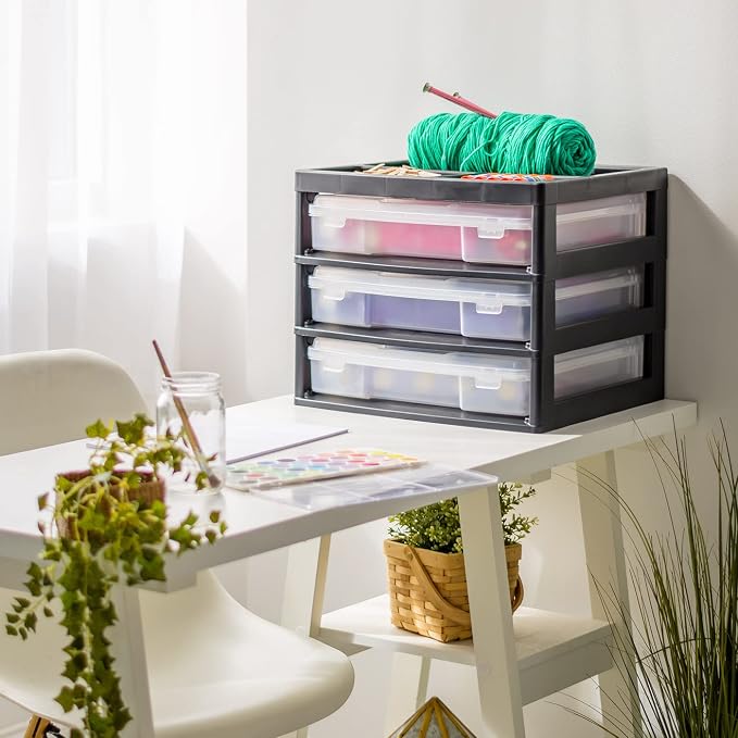 IRIS USA Desk Organizer |Made in USA| 3-Tier Cases - Black/Clear | Fits 12"x12" Paper, Built-In Handles, Storage Unit with Supply Top for Craft, Art, Office Supplies, Pens & Pencils - Image 8