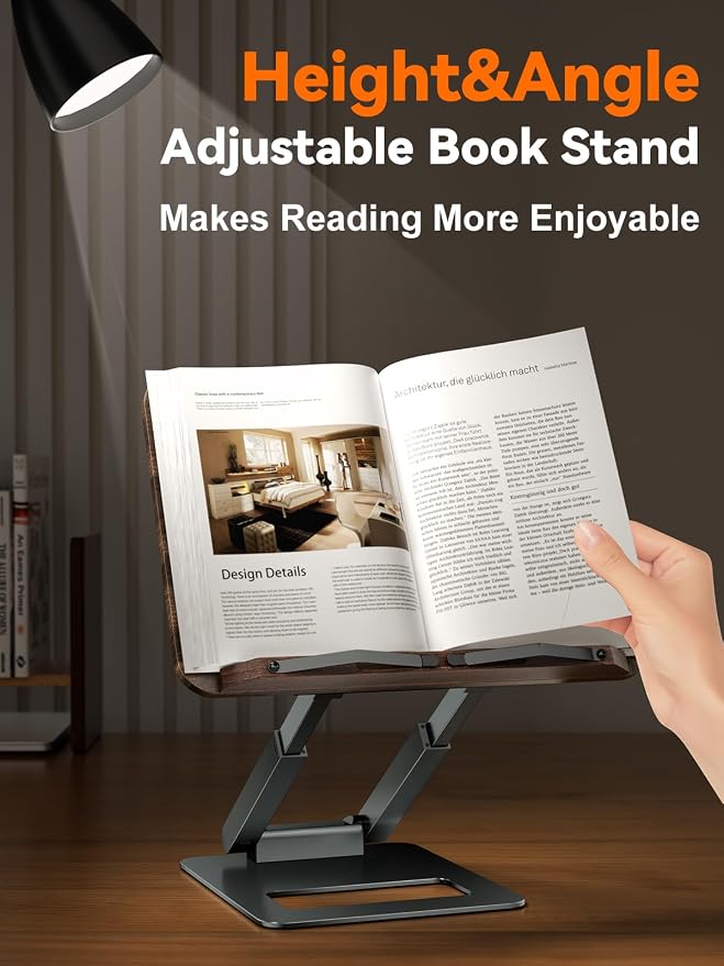 Tounee Book Stand, Telescopic Book Holder Stand, Adjustable Height Pull Out Design Ergonomic Cookbook Stand with Elastic Page Clips Fits All Books (Gray) - Image 4