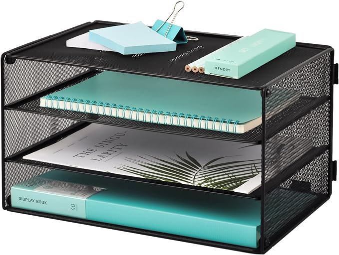 3 Tier Mesh Desk Organizer Tray, File Paper Letter Folder Holder Desktop Paper Sorter Mail Organization Rack Storage Accessories, for Office Home School Classroom, Black by EASEPRES