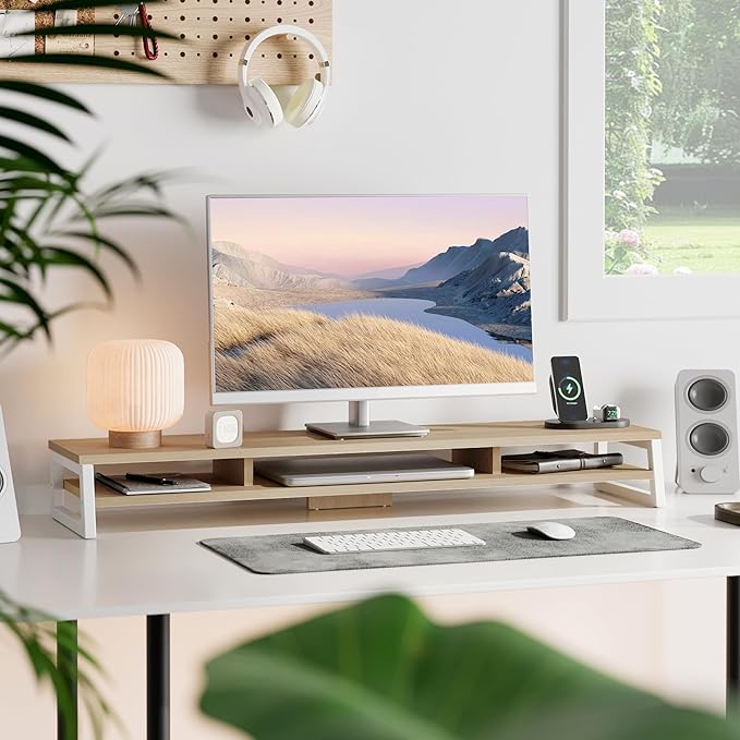 Fenge Dual Monitor Riser for Desk, Open Shelf with 3 Storage Compartments | 42.5in Computer Monitor Stand, 2-Tier Desk Shelf for Top of Desk,One-Piece Panel, fit Ultrawide Monitor, PC, Laptop, Oak - Image 2