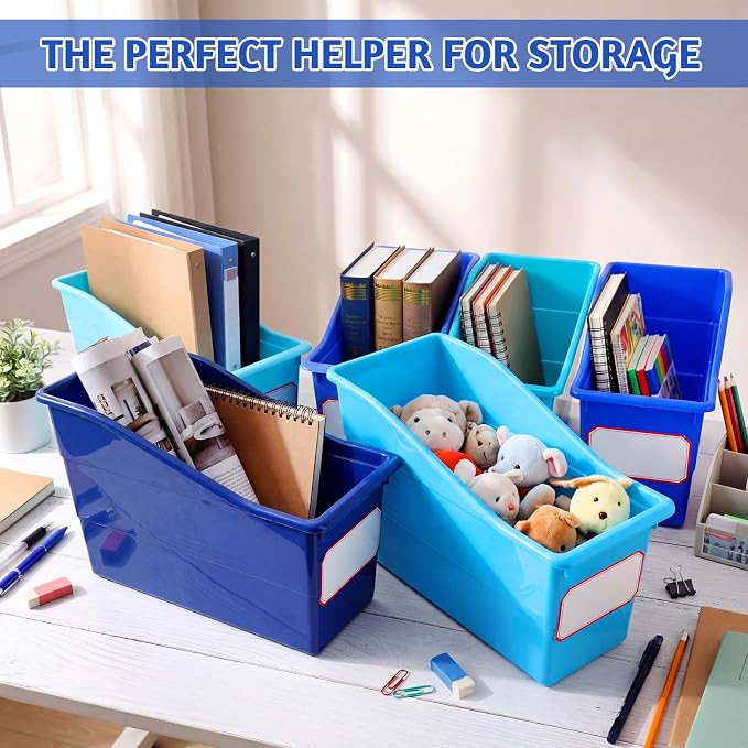 Teling 12 Pcs Book Bins Bulk for Classroom Storage Plastic Magazine Holder with Label Interlocking File Folder Organizer Binder Container Box for School Office Desktop Bookshelf Home (Ocean Blue) - Image 5