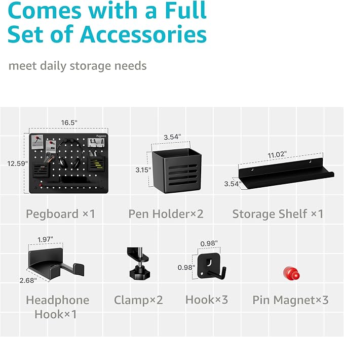 Clamp on Desk Pegboard, 16.5" x 12.6", with 10 Accessories, Black | Magnetic Metal Peg Board, Desk Organizer for Office Gaming Home, Privacy Panel, Medium - Image 4