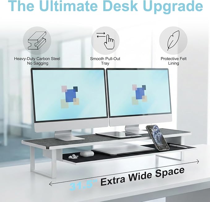 Dual Monitor Stand Riser, 31.5 Inch Extra Wide Thick Heavy Duty Carbon Steel 2 Tier Desktop Organizer with Pull Out Layered Shelf,for Home Office Gaming Curved Monitors - Image 2
