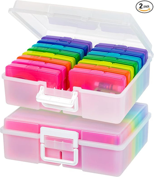 IRIS USA Photo Storage Box |Made in USA| 16 Cases - (2-Pack) - Pearl/Multi | Fits 4" x 6" Pictures / Built-In Handle / Organizing Containers for Tasks, Stickers, Ephemera & Flashcards by IRISUSA