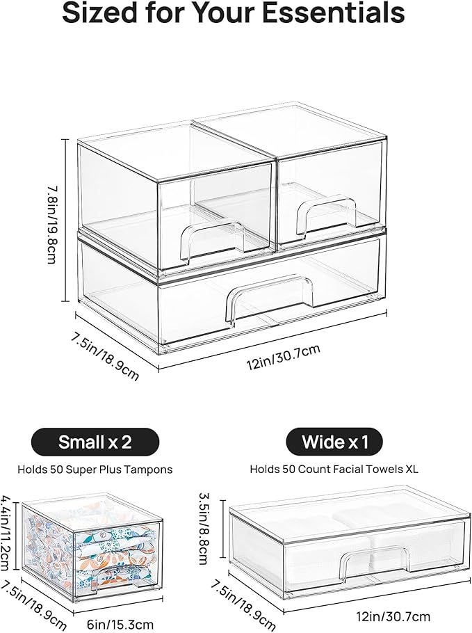 Vtopmart Stackable Storage Drawers Set of 3,Clear Plastic Organizer Bins for Makeup, Cosmetics, Beauty Supplies,Ideal for Vanity, Bathroom,Cabinet,Pantry Organization - Image 2