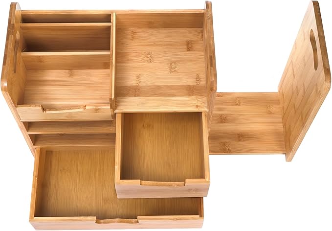 ZOOFOX Bamboo Desk Organizer with Adjustable File Holder, Mail Organizer Countertop with Drawer, 4-Tier Desktop Organization and Desk Accessories for Home Office School Supplies, No Assembly Required - Image 3