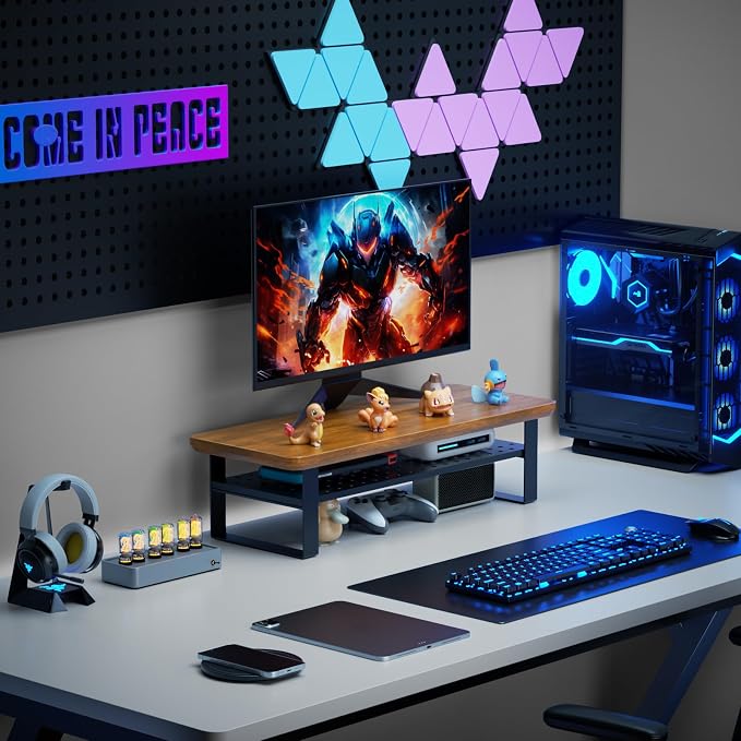 Monitor Stand Riser, 24 Inch Computer Monitor Stand for Desk, 2-Tier Wood Desk Shelf Organizer with Storage, Desktop Stand for Laptop/Screen/PC/Printer, Ergonomic Home Office Monitor Stand - Image 8