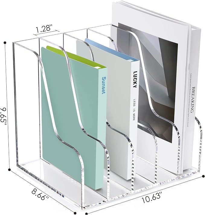 SANRUI Acrylic Desk Organizers, Clear Magazine File Holder, 5 Vertical Compartments A4 Folder Binder Holders Sorter, Office Desktop Workspace Organization Storage Rack for Office Home School - Image 2