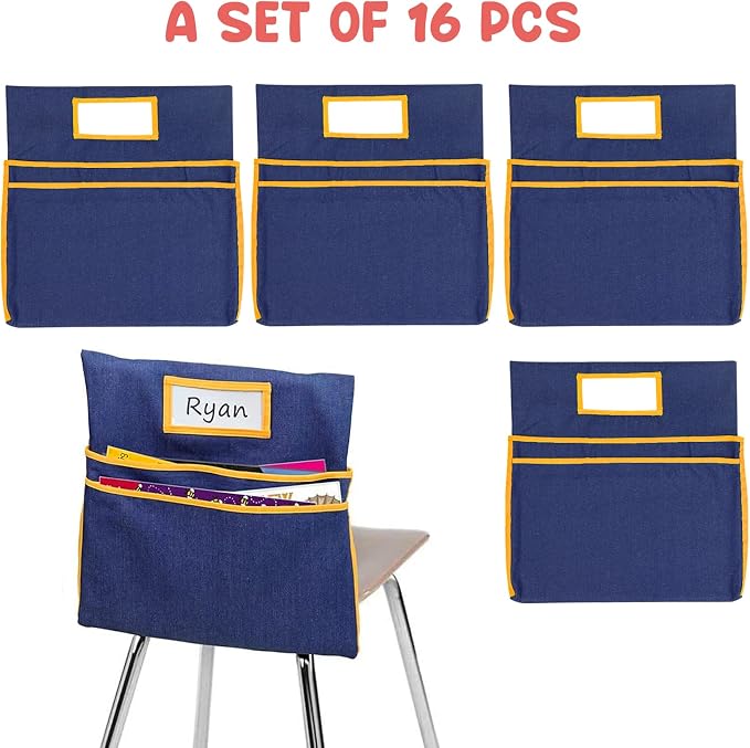 16PCS Chairback Buddy Pockets Chart with 2 Heavy Duty Storage Pocket,School Supplies Chair Back,Standard Denim Storage Organizer for Classroom Chair (Yellow) - Image 2