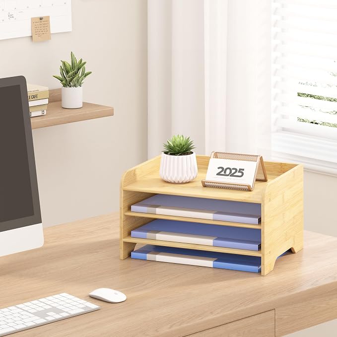 Bamboo File Organizer for Desk, Paper Tray with Pen Holder | Open tiers and a pen holder sort Letter/A4 paper, folders and office supplies while keeping your workspace clutter-free - Image 5