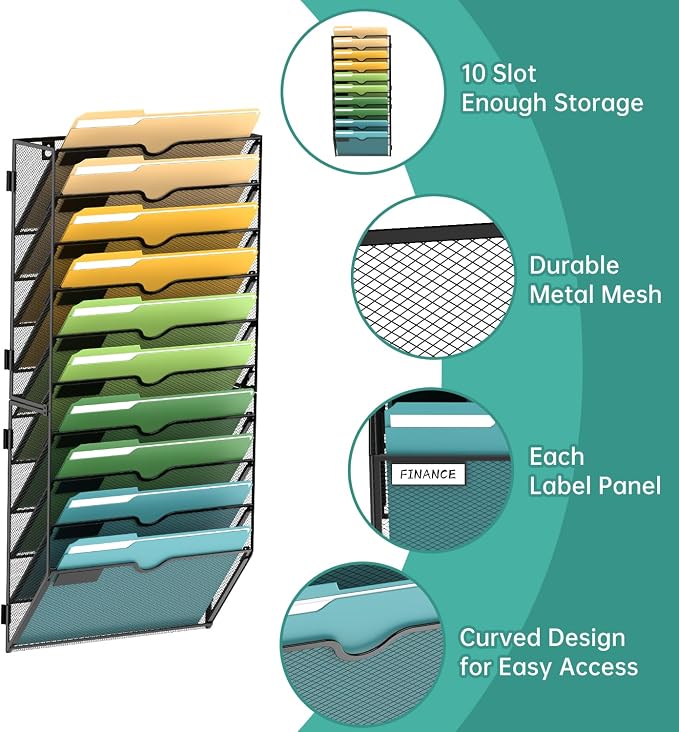 10 Tier Wall File Organizer, Hanging Wall Mounted Mail Organizer with Label Slots, Metal Mesh File Holder Magazine Rack for Office, Home, School or Classroom, Black - Image 3