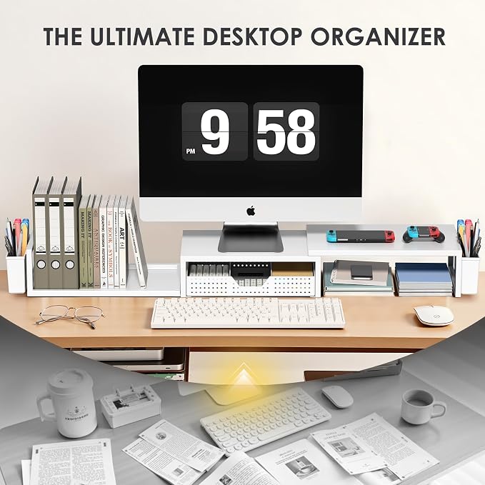 Desk Organizers and Accessories, Dual Monitor Stand Riser with Drawer and 2 Pen Holders, Desk Shelf Computer Racks for Office Workspace Organizers, Desktop Organization (White) - Image 5