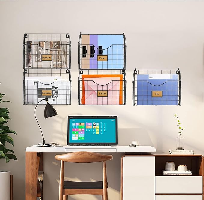 X-cosrack 5-Tier Over the Door File Organizer, Stackable Hanging Wall Files Rack with Door Hooks Wall Organizers, SVertical Wall File Storage with Tag for Office Home and Work Easy Organizing - Black - Image 6