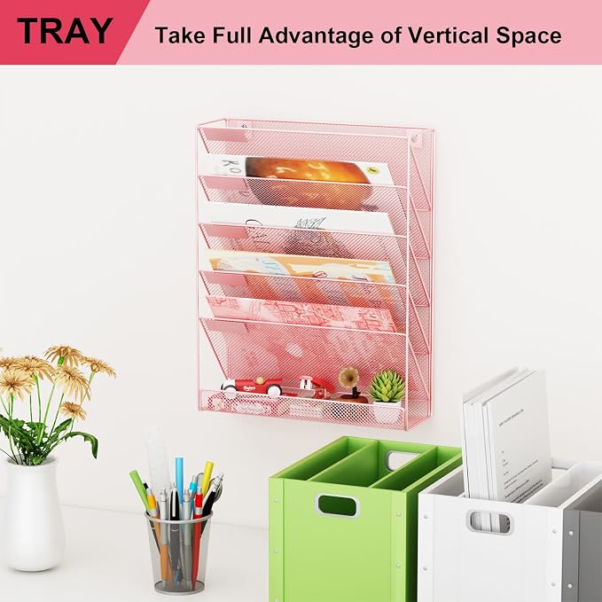 Wall File Organizer Holder Mesh Hanging Paper Document Holder, Vertical 6 Pocket Tier for Office Home, Light Pink - Image 7