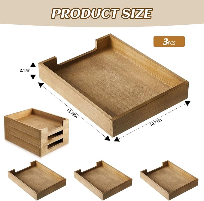 Fulmoon 3 Pcs Stackable Wood Letter Tray A4 Size Desk Tray Organizer Wooden Office Documents Tray Desktop Mail File Folder Document Magazine Storage - Image 3