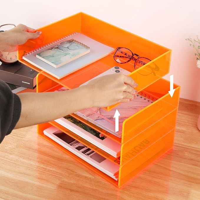 Gelite Acrylic File Organizer for Desk 4 Tiered Stackable Letter Tray Office Paper Storage Desktop Document Sorter, Neon Orange - Image 3
