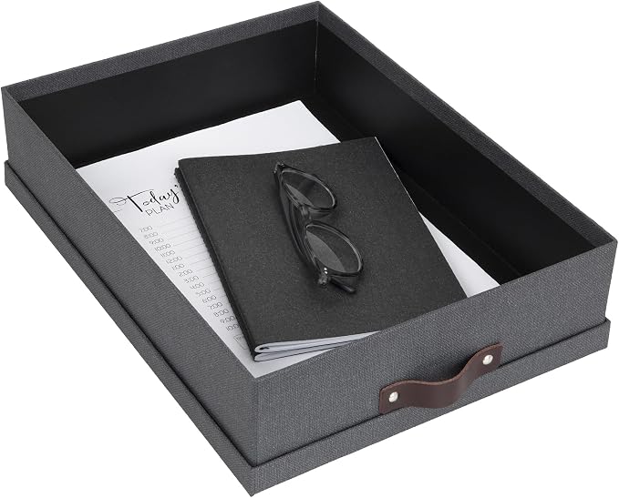 Bigso Oskar Canvas Fiberboard Document Letter Box for Important Paperwork A4 or Letter Size - Durable Keepsake Box with Lid and Leather Handle - 3.3in x 10.2in x 13.8in - Black - Image 4