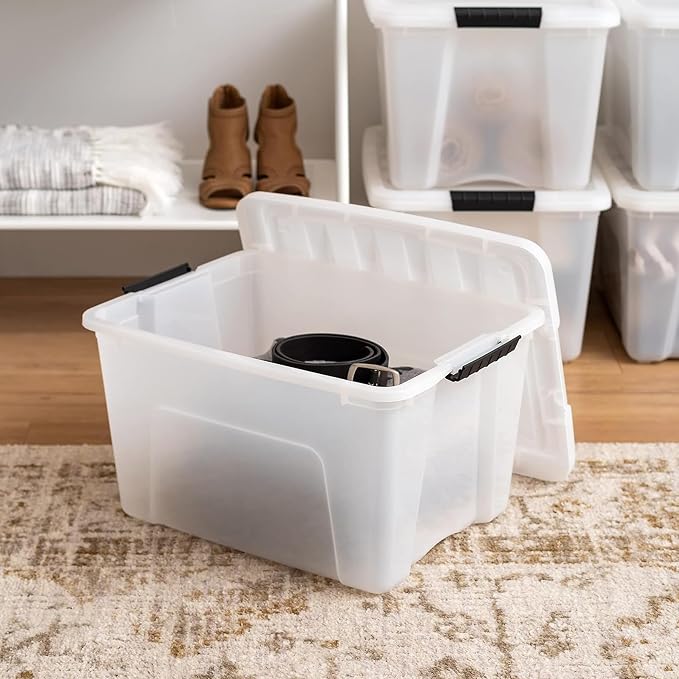IRIS USA 4-Pack 40 Quart Storage Bins with Lids, Pearl | Conceals contents for a clean look. Perfect for moving, blankets, clothing, and garage storage. Nestable design saves space - Image 5