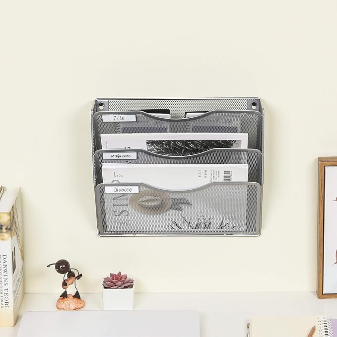 EasyPAG 3 Pocket Mesh Wall File Organizer, Hanging Paper Folder Holder with Classify Label, Vertical Wall Mount Mail Organizer for Office Home Classroom, Silver - Image 5