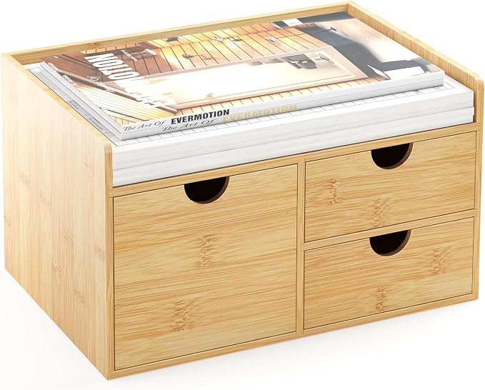 Bamboo Desk Organizer with Drawers, Desktop Storage Box for Office Supplies | 3 Drawers Desktop organizer, No Assembly Required, Natural Wood Wooden Desktop Drawers for Bills, Cosmetics, Seals, Paper by WisuceHome