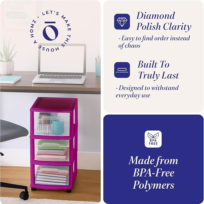 HOMZ Drawer Tower, 3-Tier Clear Plastic Storage Organizer Cart, Purple Frame - Rolling Drawer Containers with Wheels for Bathroom, Bedroom, Office, and Classroom Organization - Image 5