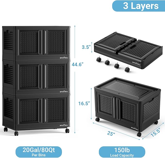 BROVIEW 600Qt Stackable Storage Bins with Lids, 150Gal Closet Organizers and Storage Drawer, Plastic Collapsible Storage Bins with Doors, Heavy Duty Store Box Cabinet for Home Kitchen, 6Pack Black - Image 9