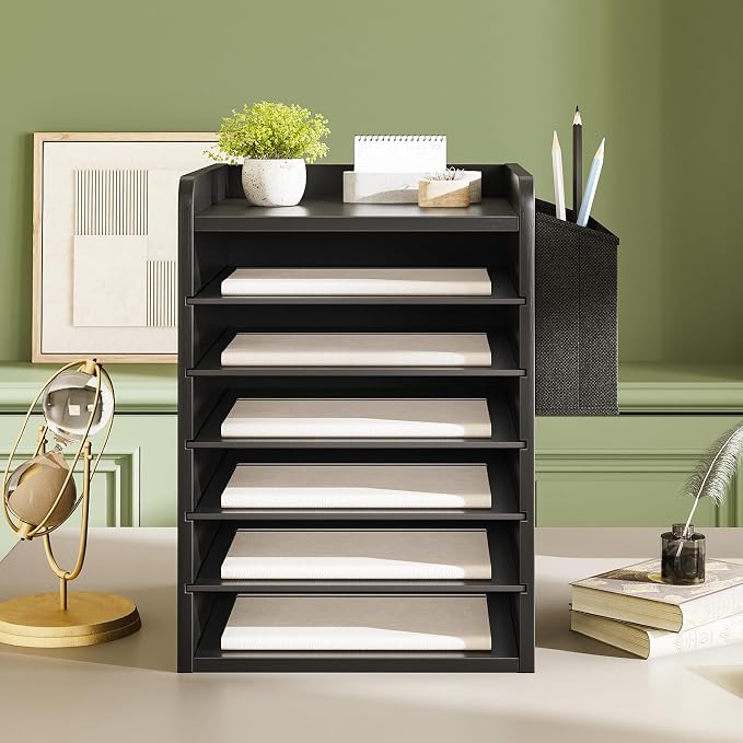 HOOBRO Adjustable Countertop Mail Sorter, 6 Tier Wooden Paper Organizer, Vertical Literature Organizer with Side Storage, Office Mailbox Cubbies, Classroom Mailbox, for Home, Office, Black BB34WF01 - Image 6