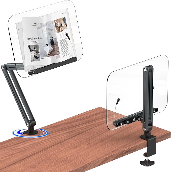 Desk Clamp Acrylic Book Stand for Reading, Ergonomic Design Adjustable Height up to 20 inches with Rotating Bases Cookbook Stand, Suitable for Recipe, Sheet Music, Tablet(Gray) by YCNEW