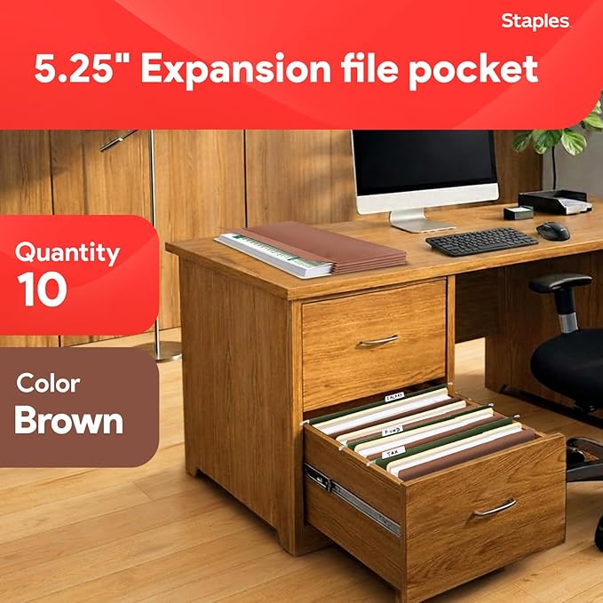 Staples Reinforced File Pockets, Legal Size, 5.25‑Inch Expansion, Heavy‑Duty Brown Accordion Folders with Strong Gussets – 10/Pack | Heavy-duty brown accordion folders with strong gussets for bulky files. - Image 2