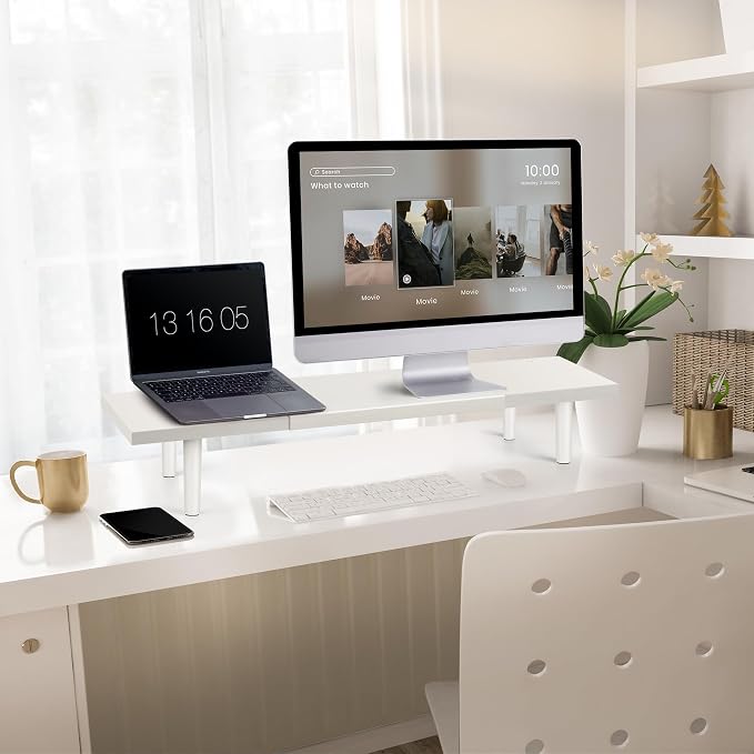 Across-Star Dual-Monitor-Stand-Riser-For-Desk Adjustable Length 32-40 Inch，Large Desktop Computer Monitor Riser For 2 Screens，Desk Shelf Organizer Riser Stand For Computer/Laptop/PC/Printer/TV Black - Image 2