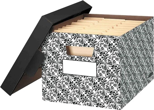 Bankers Box 4-Pack Brocade Design, Medium Duty File Storage Boxes with Lids, FastFold Assembly, Letter/Legal, STOR/FILE, (0022705) by BankersBox