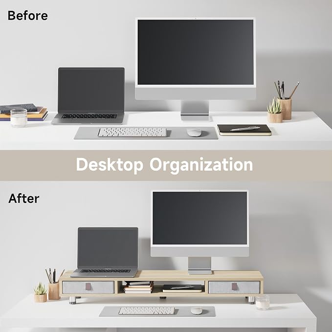 Fenge Dual Monitor Stand, 2-Tier Desk Organizer with Drawers, 42.5in, Oak | Storage Fabric Drawer, Ergonomic Height Adjustable, Desk Shelf for Top of Desk, Laptop, PC, TV, Home Office Organization - Image 6