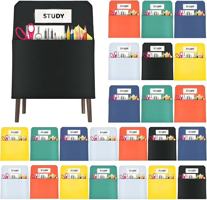 24 Pack Chair Pockets for Classrooms, 16 x 19 inch Pocket Chart Back of Chair Organizer for Kids with Name Slot, Seat Sacks for Classroom Chairs Seat Storage (Multicolor, 24Pack) by Unknown