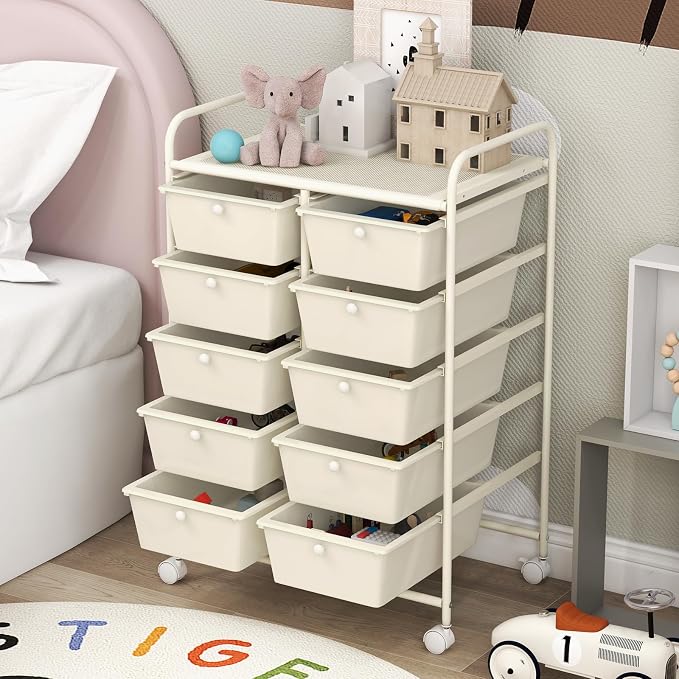 COSTWAY 10 Drawer Rolling Storage Cart, Utility Cart with Lockable Wheels | Mobile Art Supply Craft Organizer with Metal Frame, Multipurpose Drawer Cart for Paper for Office, School, White - Image 9