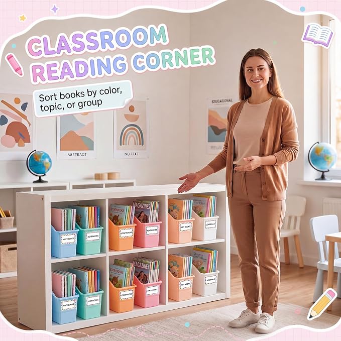 Blosssound 12 Set Book Bins for Classroom with Label Sticker Book Box Baskets Plastic Stackable Organizing Bins Storage & Organization for Classroom Library Home School Supplies (Cloud Pastel) - Image 7