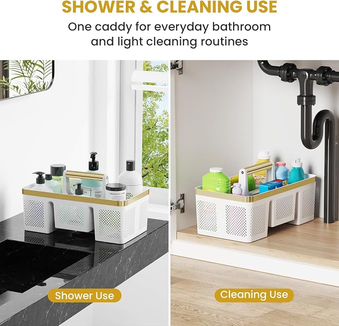 BYUNER Portable Cleaning Caddy & Shower Basket: Hard Plastic Caddy Organizer with Handle, 4 Divided Compartments, All-Side Drainage for Bathroom, Dorm & Utility, College Dorm Room Essentials - Image 2