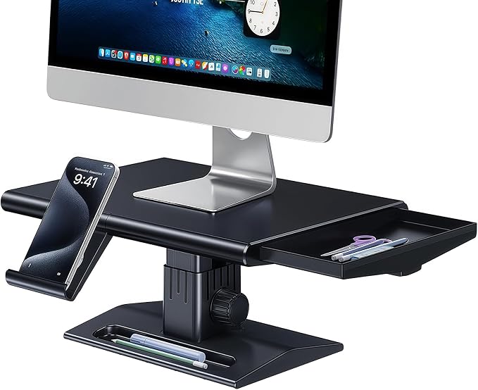Ergonomic Height Adjustable Monitor Stand Riser,with Hidden Drawer | Knob Height Adjustment, Desktop Organizer for Home & Office Workspace, with Phone Holder & Pen Slot by Nediea