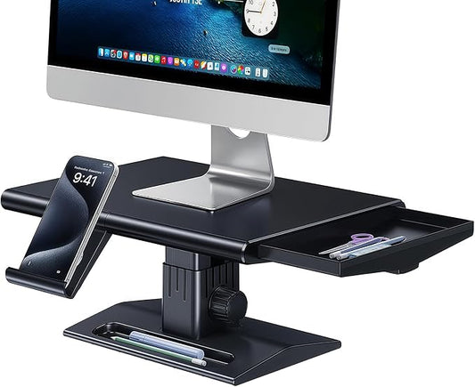 Ergonomic Height Adjustable Monitor Stand Riser,with Hidden Drawer | Knob Height Adjustment, Desktop Organizer for Home & Office Workspace, with Phone Holder & Pen Slot by Nediea