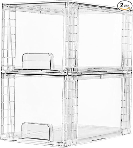 Vtopmart 2 Pack Large Stackable Storage Drawers, Clear | Easily Assemble Acrylic, Bathroom Closet Undersink Organizers, Plastic Bins for Kitchen Cabinets, Pantry, Makeup, Medicine by Vtopmart