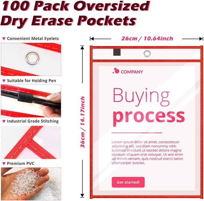 100 Packs Dry-Erase Pockets Bulk Job Ticket Holders Oversized Reusable Dry Erase Pocket Sleeves with 6 Ring, 10x14 Red Ticket Holders, Clear Plastic Sheet Protectors, Teacher School Classroom Supplies - Image 2