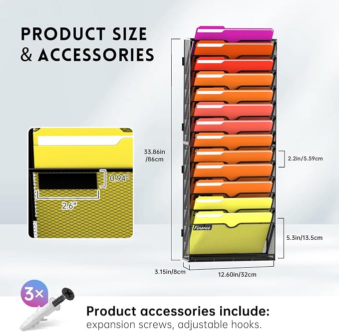14-Tier Wall File Organizer with Base and Hooks, Hanging Organizer, Black | Wall Organizer and Wall File Holder with 14 Vertical Pockets and Bottom Tray for Files, Mail, Folders, Magazines and Paper - Image 7