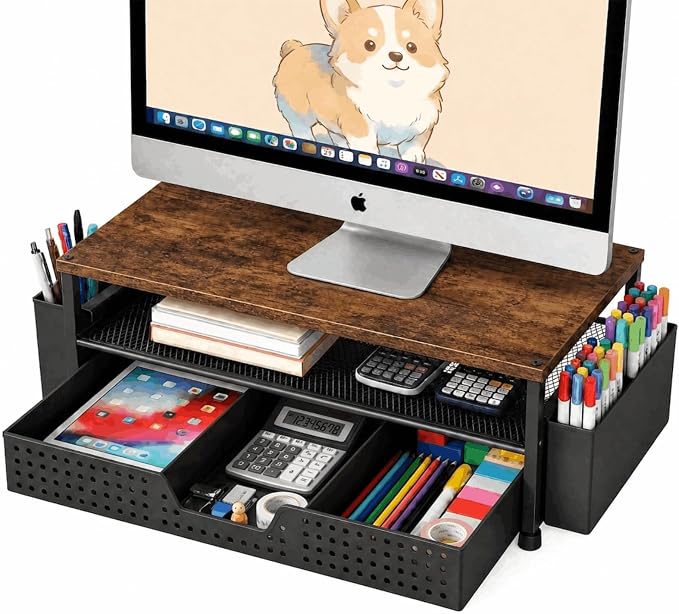ECOLOVI Desk Organizer and Accessories, 2-Tier Computer Monitor Stand Rise with Storage Drawer & 2 Pen Holders, Laptop & Printer Stand for Desktop, Workspace Organizers for Office Supplies (Brown) by ECOLOVI