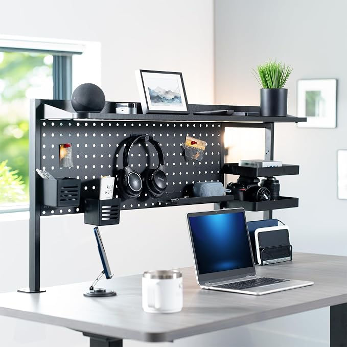VIVO Steel Clamp-on 46 x 25 inch Desk Pegboard System with Storage Shelf and Accessory Trays, Multi-Purpose Office Organizer, Black, PP-PBSF46 - Image 2