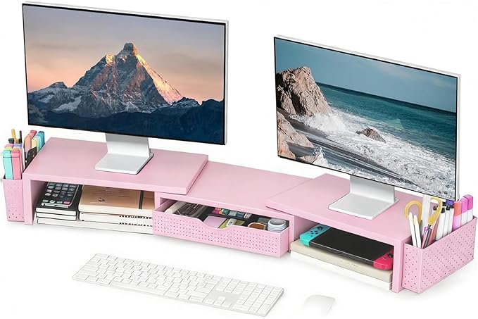Spacrea Metal Desk Organizers and Accessories, Dual Monitor Stand Riser with Drawer and 2 Pen Holders, Desk Accessories & Workspace Desktop Organizers for Office Supplies (Pink) by Spacrea