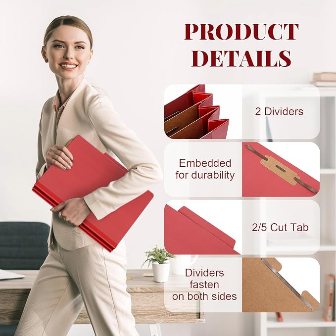 Skyygemm 60 Pcs Classification Folders Letter Size, 2 Divider Pressboard File Folders with 3. 5 Inch Expansion, 2 Prongs Fastener, Heavy Duty Office File Organizers for Teachers, Medical (Dark Red) - Image 3