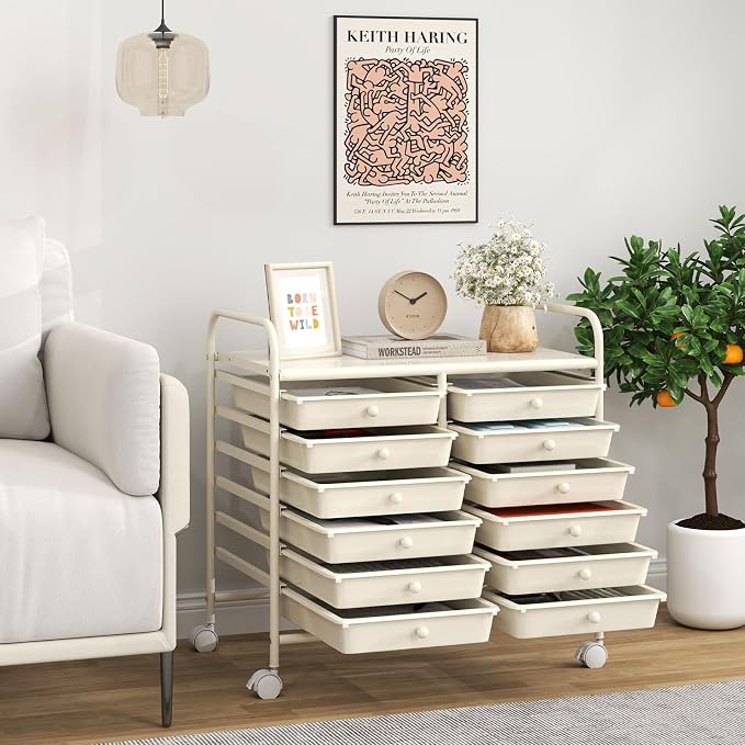 Giantex 12 Drawers Rolling Cart, Mobile Storage Drawer Cart, Classroom Organizer Cart for Office School Supplies Tools Scrapbook Paper Craft Small Printer, Utility Cart on Wheels, White - Image 2