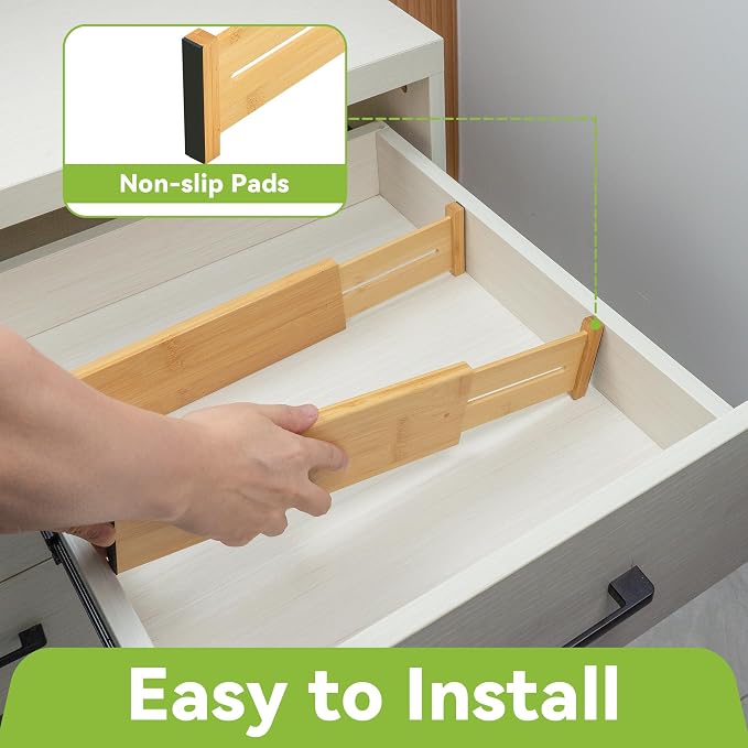 Utoplike Bamboo Dresser Drawer Dividers, Expandable Organizer for Clothing | Adjustable 3.2" High Drawers Separators for Kitchen, Bathroom, Bedroom, Office Storage, 4Pcs, Fit 13.5"-16" Inner Drawer - Image 5