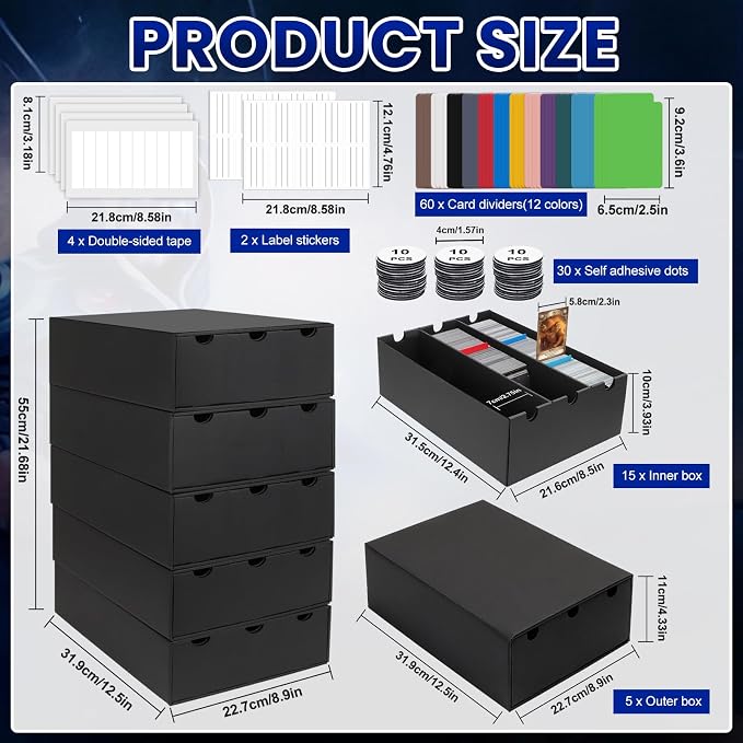 AOBOPLE Trading Card Storage Box,15000+ Cardboard Sports Card Boxes | Bulk Card Boxes with 60 Card Dividers,Labels +Tape,Stackable,Card Organizer for MTG TCG PTCG Sport Cards - Image 5