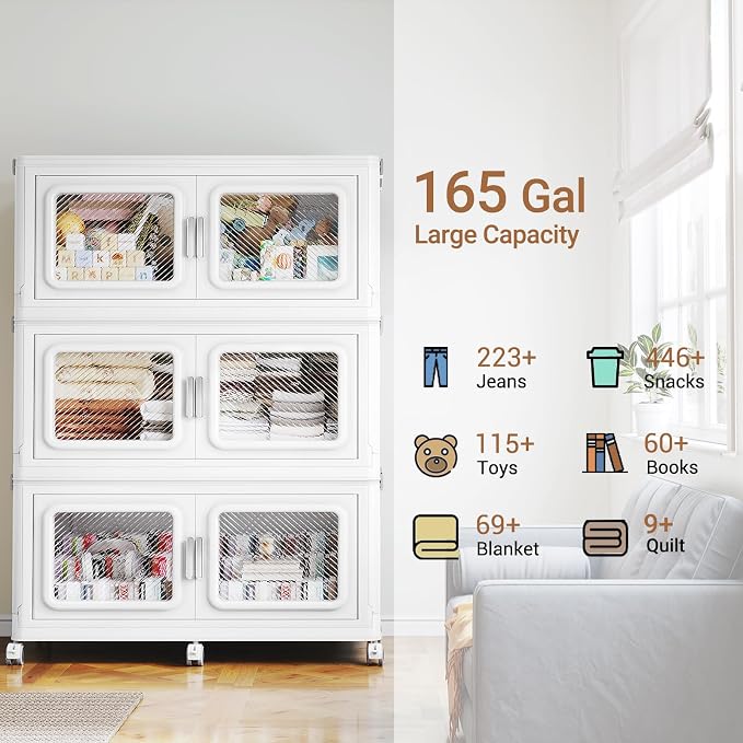 BROVIEW 660 Qt/165 Gal Stackable Storage Bins with Lids, 3 Pack, White | Large Stackable Storage Boxes w/ 3 Lid Folding Plastic Cart Organizer for Home Kitchen, Open Front Clear Door with Wheels - Image 2