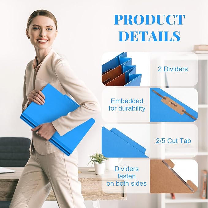 AmazingSpark 24 Pcs Classification Folder Letter Size Bulk 2 Divider Pressboard File Folder with Expansion 2 Prong Fastener Heavy Duty Office File Organizer for School Medical Document(Business Blue) - Image 3